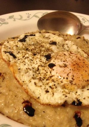 A picture of Asian Style Savoury Oatmeal with Fried Egg.