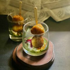 A picture of Rava Kachori with Chana Dal Shots for Diwali.
