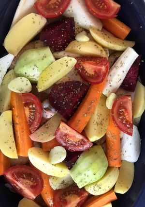Csirkecomb zöldségekkel sütve recept fotója