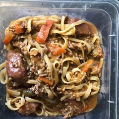 A picture of Beef and vegetable pasta.