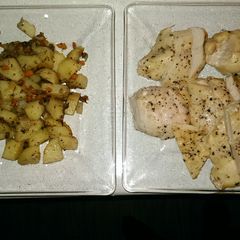 A picture of Sautéd Potatoes and Roasted Chicken Breast.