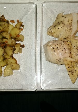 A picture of Sautéd Potatoes and Roasted Chicken Breast.