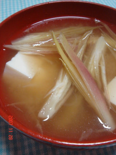 A picture of Miso Soup with Myoga Ginger and Tofu.