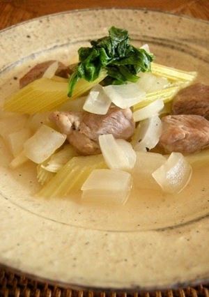 A picture of Pig Shoulder Roast and Celery Simmered in White Wine Vinegar.