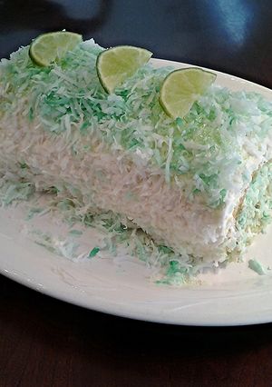 A picture of Coconut Cake Roll with Key Lime Cream Filling.