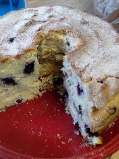 A picture of Sour cream and blueberry coffee cake.