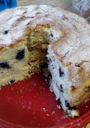 A picture of Sour cream and blueberry coffee cake.
