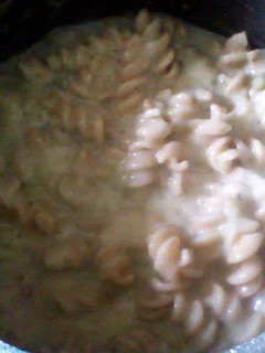 A picture of Cream Of Broccoli Soup w/ Wheat Pasta.