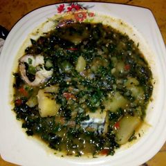 A picture of Sweet potato porridge with vegetables.