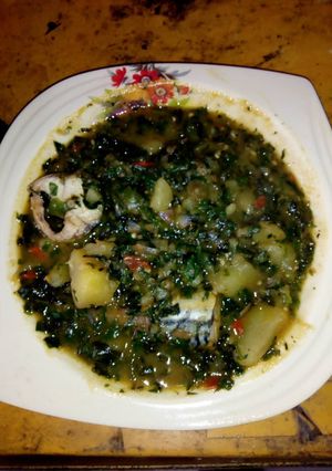 A picture of Sweet potato porridge with vegetables.