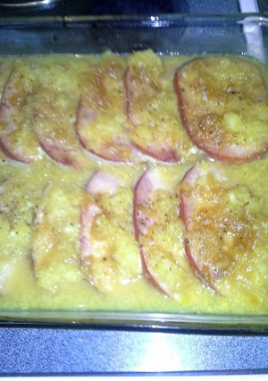 A picture of Baked Ham in orange pineapple dijon glaze.