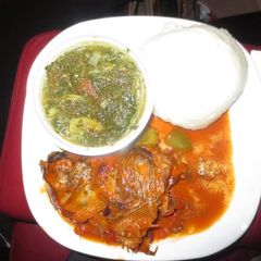 A picture of Stewed fish with traditional vegetables.