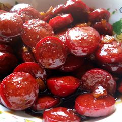 A picture of Jeff and Nessie's Caramelized Hotdog Slices.