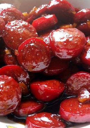 A picture of Jeff and Nessie's Caramelized Hotdog Slices.