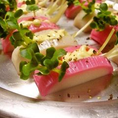 A picture of Kamaboko Fish Cake Sandwiches with Daikon Sprouts.
