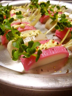 A picture of Kamaboko Fish Cake Sandwiches with Daikon Sprouts.