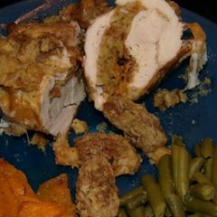 A picture of Stuffed Chicken Breast with Morel Mushrooms & Stuffing.