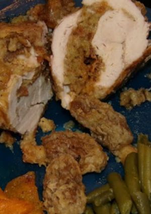 A picture of Stuffed Chicken Breast with Morel Mushrooms & Stuffing.