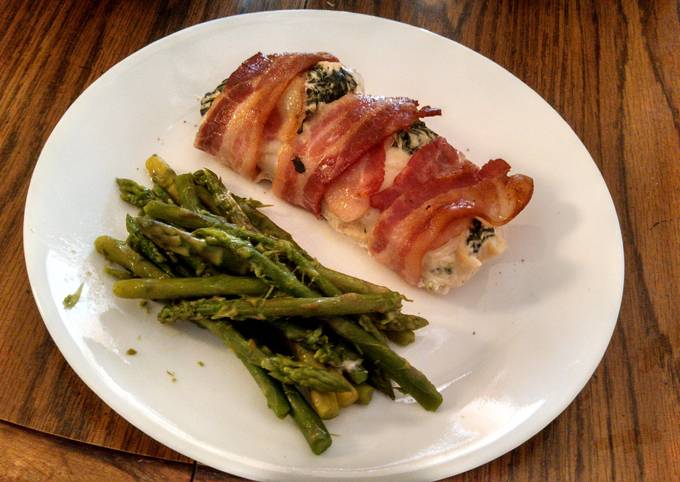 creamy spinach, bacon wrapped chicken breasts
