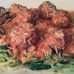 A picture of Zoodles with Turkey Meatballs and Tomato Cream Sauce.