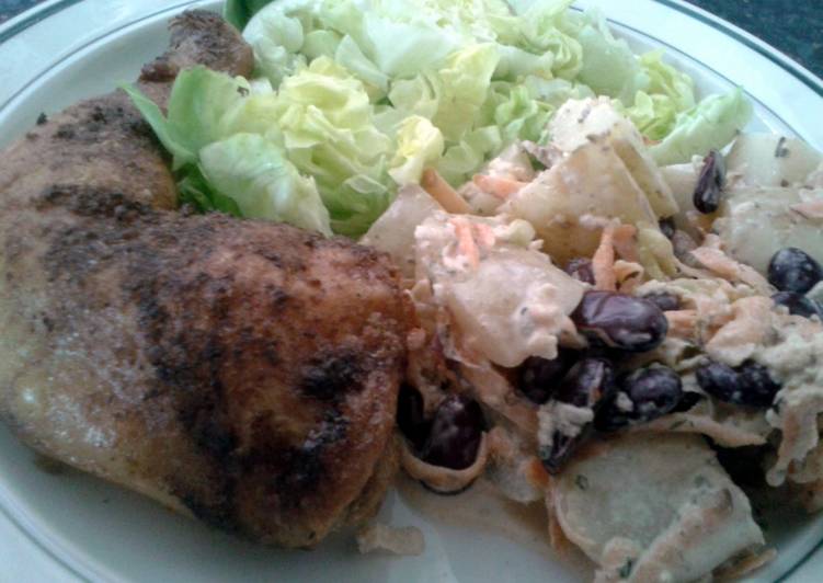 Roast chicken leg with apple and blue cheese potato salad. Roast chicken leg with apple and blue cheese potato salad.