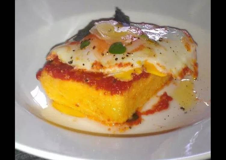 Easiest Way to Make Quick Polenta with Tomatoe Basil Sauce and Poached Egg