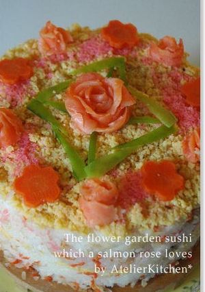 A picture of Smoked Salmon Roses Flower Field Chirashi-zushi.