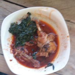 A picture of Chicken stew with sauteed kales.
