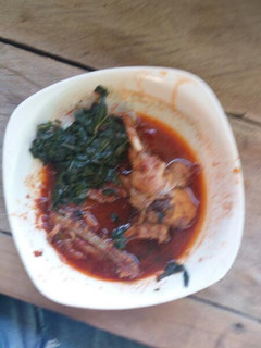 A picture of Chicken stew with sauteed kales.