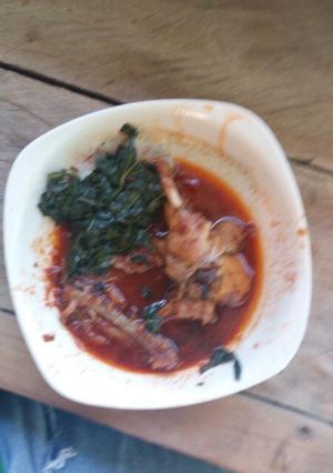 A picture of Chicken stew with sauteed kales.