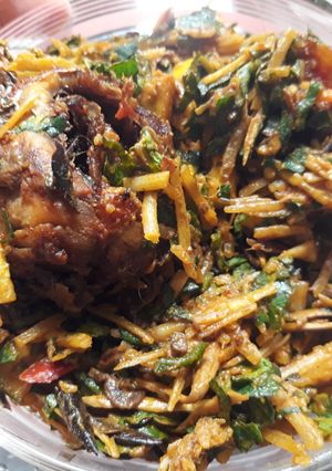 A picture of Abacha and ugba with smoked fish.