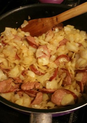 A picture of Fried Cabbage with Kielbasa.