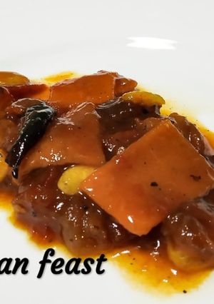 A picture of Tomato amsotto khejurer chutneynTomato mango leather and date jam.