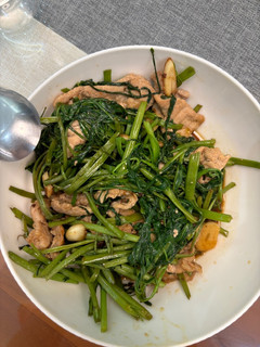 A picture of Stir-Fried Water Spinach with Pork Slices.