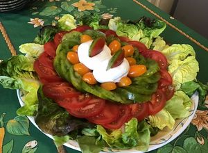 Une photo de Salade de tomates tricolores à la laitue rougette et mozzarella di buffala