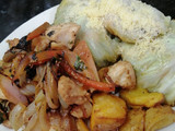 Pollo en salteado peruano, dumpi vegetales a estilo coreano