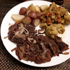 A picture of Fried Calf liver and onions.