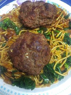 A picture of Pasta, Kale and Chorizo Burger.