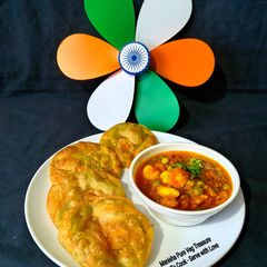 A picture of Tricolour Puri with Tricolour Potato, Pea, Tomato Curry - 80th Independence Day Special.