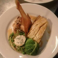 A picture of Char grilled chicken, petit poe ala Francis's, potatoes dauphine.