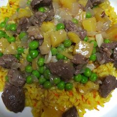A picture of Curried Rice with Beef Tips and Pineapple.