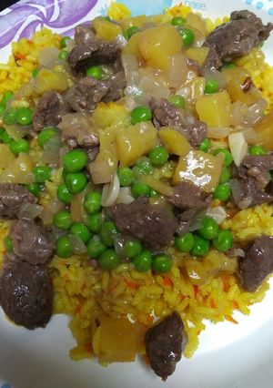 A picture of Curried Rice with Beef Tips and Pineapple.
