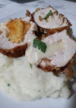 A picture of Chicharrones Coated Chicken Stuffed with Cheese.