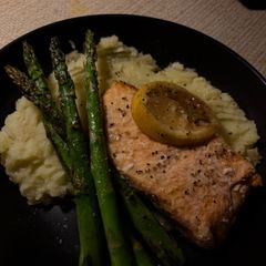 A picture of Grilled Lemon Pepper Salmon, Mashed Potatoes and Asparagus.