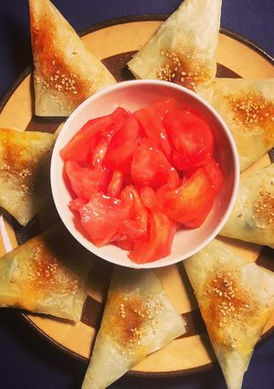 A picture of Vegetarian Filo Samosas Filled with Four Cheeses and Spinach.