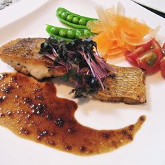 Sea Bream Pan Fried in Butter with Balsamic Vinegar and Yuzu Pepper Sauce A picture of Sea Bream Pan Fried in Butter with Balsamic Vinegar and Yuzu Pepper Sauce.