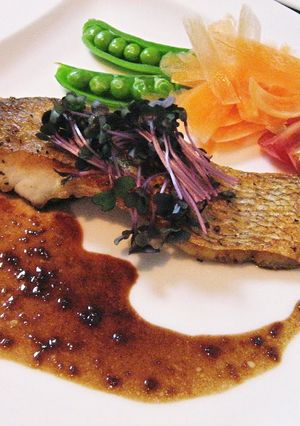 A picture of Sea Bream Pan Fried in Butter with Balsamic Vinegar and Yuzu Pepper Sauce.
