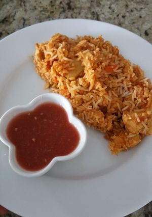 A picture of My own version of Biryani ( with chicken & veggies).