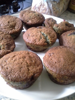 A picture of Banana Berry muffins with Chocolate Chips.