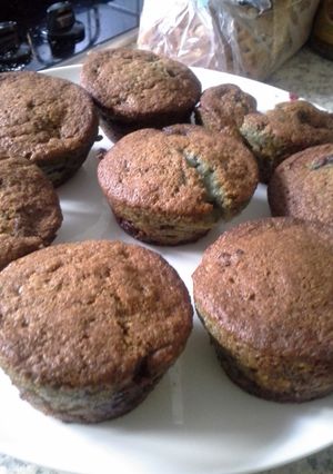 A picture of Banana Berry muffins with Chocolate Chips.
